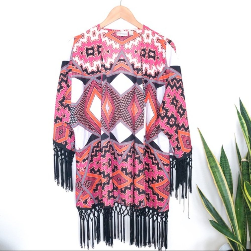 Pink & Orange Colorful Pattern Kimono with Black Fringe Detail. Size Small